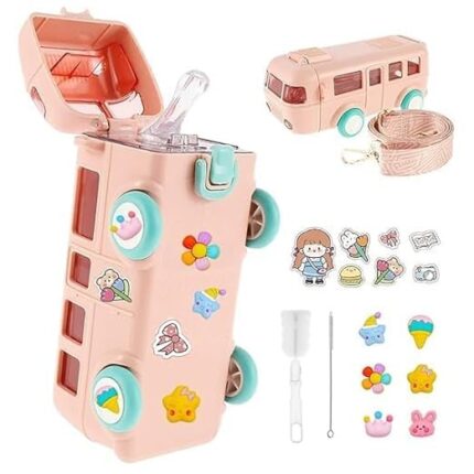 Grafftee Bus Shape Car Water Bottle with Straw | Portable Water Cup with Shoulder Strap, Cute Car Water Bottles with Movable Wheels (Pink)