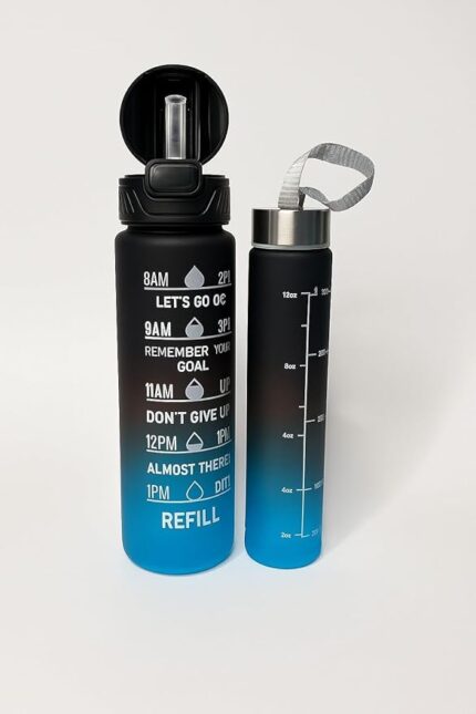 Grafftee Sports Water Bottle Set of 2 | 800ml Motivational Time Marker Bottle with Leakproof Lid | BPA-Free Sports & Gym Bottle (Blue)